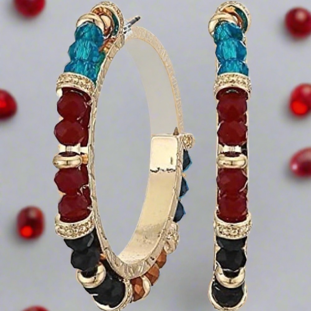 Shashi Royals Gold Vermeil Eclectic Mix Bead Multicolored Crystals Hoop Earrings